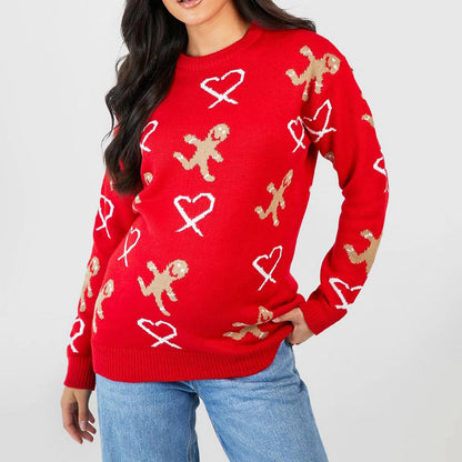 Christmas Gingerbread Print Long Sleeve Round Neck Casual Loose Christmas Sweater