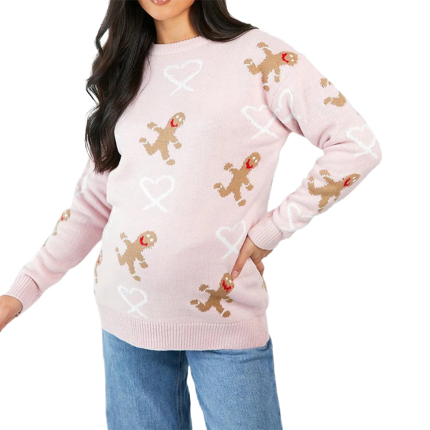 Christmas Gingerbread Print Long Sleeve Round Neck Casual Loose Christmas Sweater