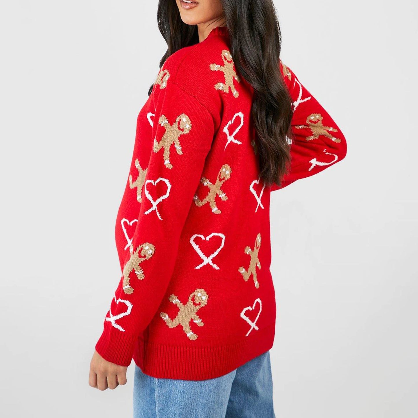 Christmas Gingerbread Print Long Sleeve Round Neck Casual Loose Christmas Sweater