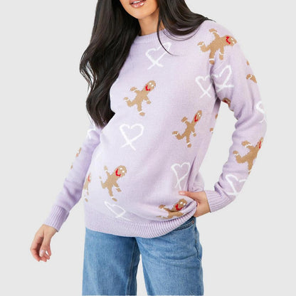 Christmas Gingerbread Print Long Sleeve Round Neck Casual Loose Christmas Sweater