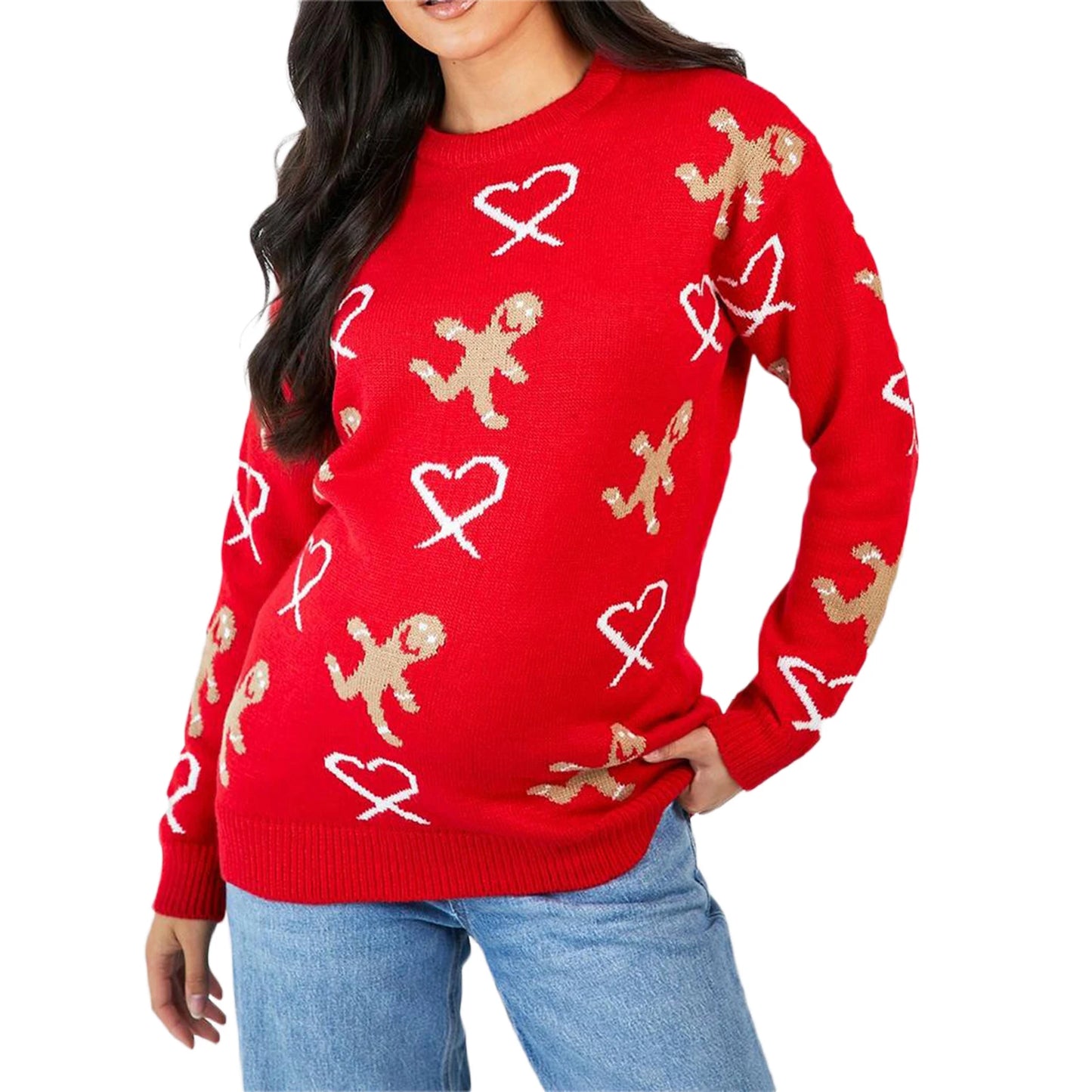 Christmas Gingerbread Print Long Sleeve Round Neck Casual Loose Christmas Sweater