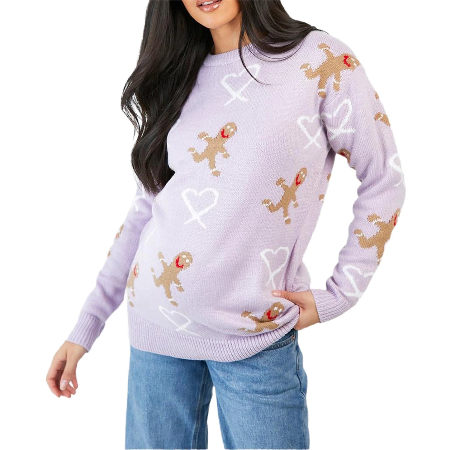 Christmas Gingerbread Print Long Sleeve Round Neck Casual Loose Christmas Sweater