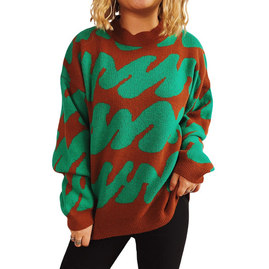 Wave Stripe Print  Crew Neck  Warm Sweater