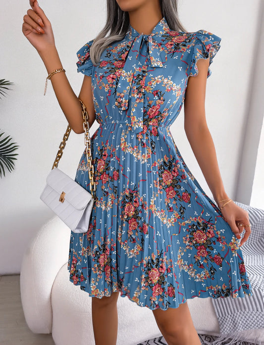 Elegant Floral Print Bow Pleated Slim Waist Floral Dress