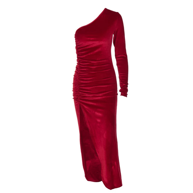 Elegant Long Sleeve Party Evening Velvet Bodycon Split Pencil Midi Christmas Party Dress