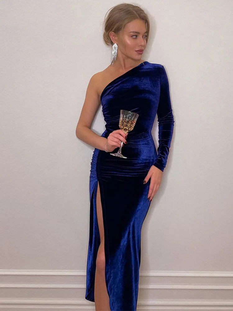 Elegant Long Sleeve Party Evening Velvet Bodycon Split Pencil Midi Christmas Party Dress