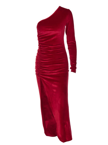 Elegant Long Sleeve Party Evening Velvet Bodycon Split Pencil Midi Christmas Party Dress