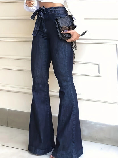 Women Fashion Blue Denim High-Stretch Bell Bottom Legs Denim Pants Women Solid Color High Waist Flare Jeans