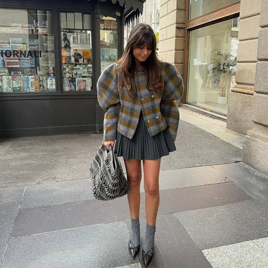 Plaid Double Breasted Slim Wool Coat