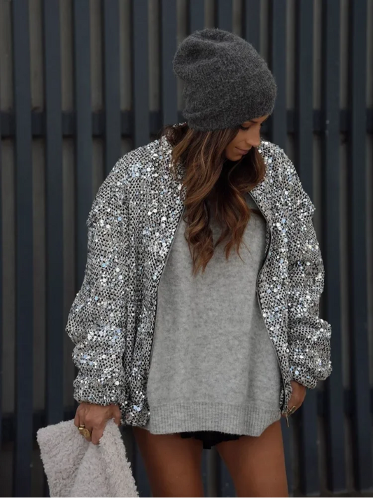 Silver Sequins Patchwork Bomber Coat