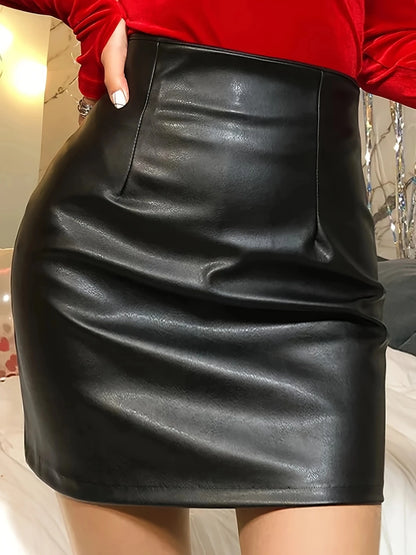 Solid Color Casual High Waist Pencil Elegant Faux Leather Ladies Trendy Skirt