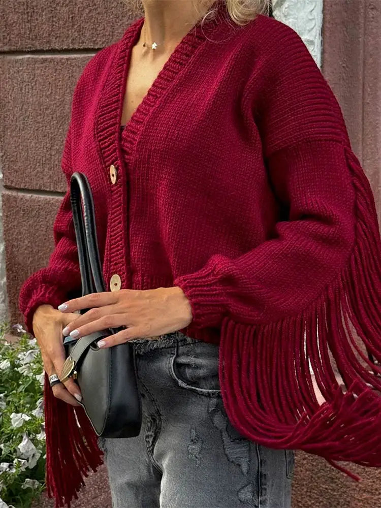 Fashion Tassels Patchwork Wine Red Knitted Cardigan Christmas Sweater