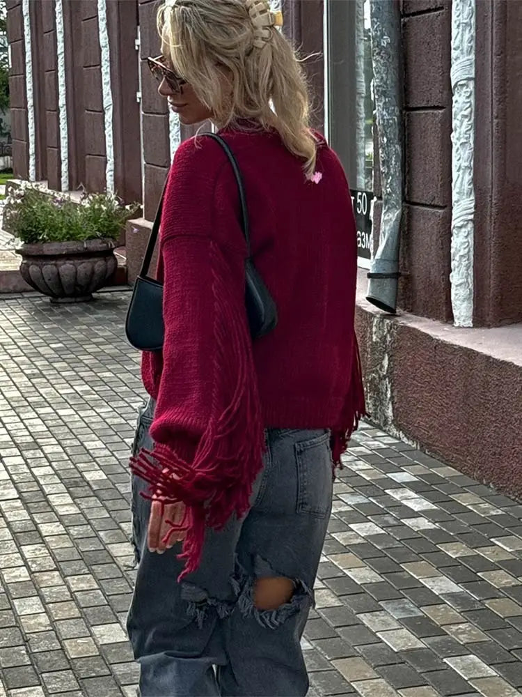 Fashion Tassels Patchwork Wine Red Knitted Cardigan Christmas Sweater