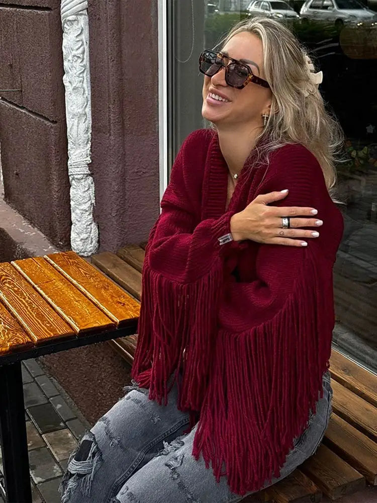 Fashion Tassels Patchwork Wine Red Knitted Cardigan Christmas Sweater