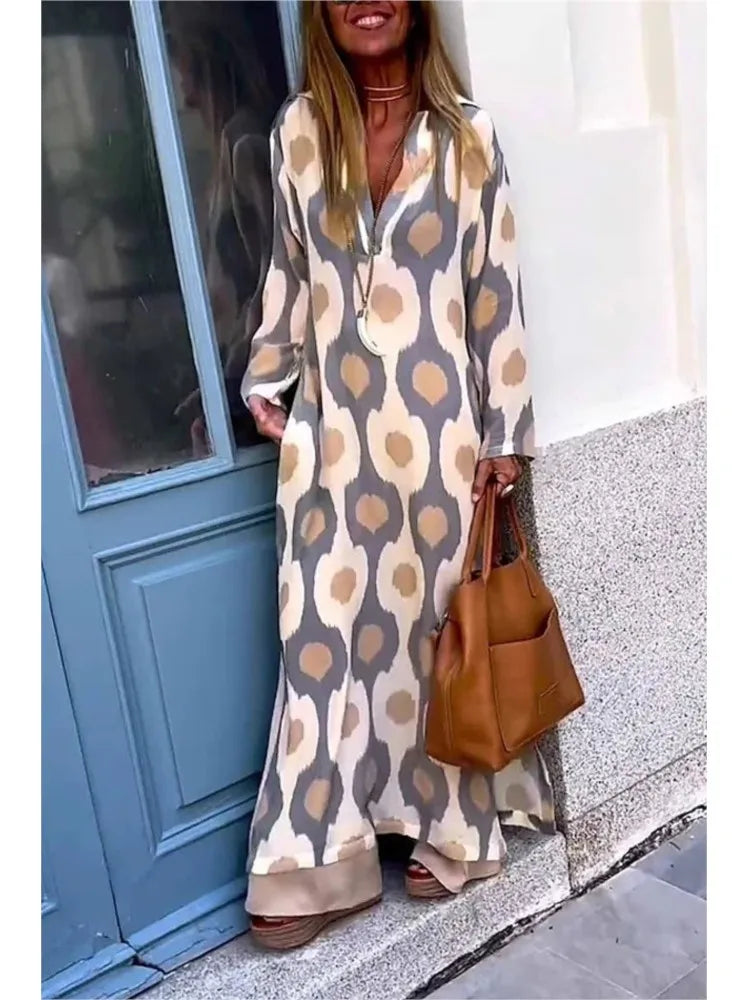 Geometric Printing Split Autumn V Neck Boho Dress