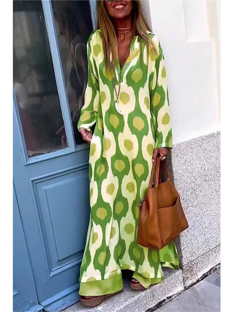 Geometric Printing Split Autumn V Neck Boho Dress