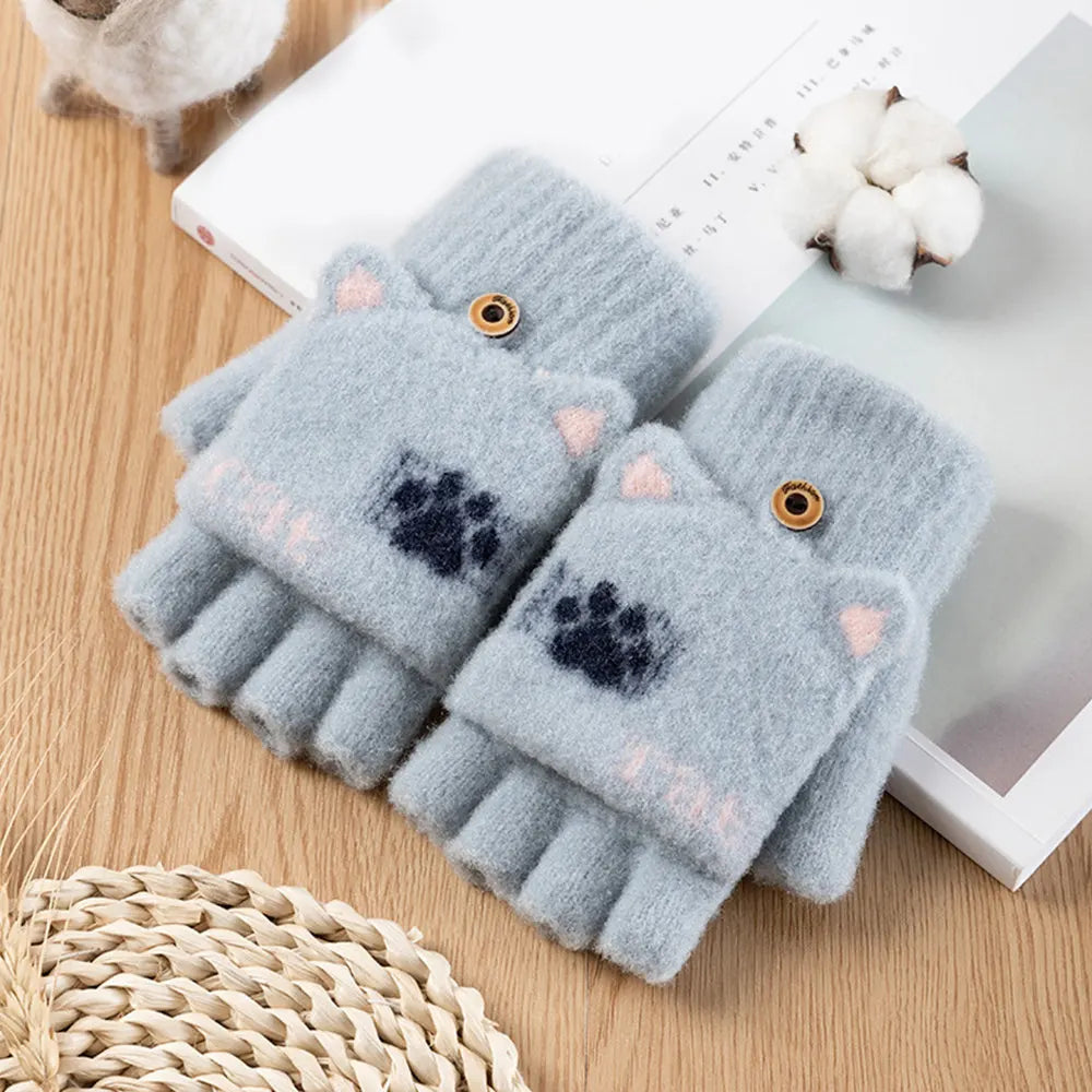 Fluffy Bear Cat Paw Claw Fingerless Winter Gloves - Korean Style Gift for Christmas