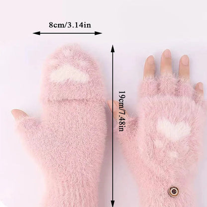 Fluffy Bear Cat Paw Claw Fingerless Winter Gloves - Korean Style Gift for Christmas