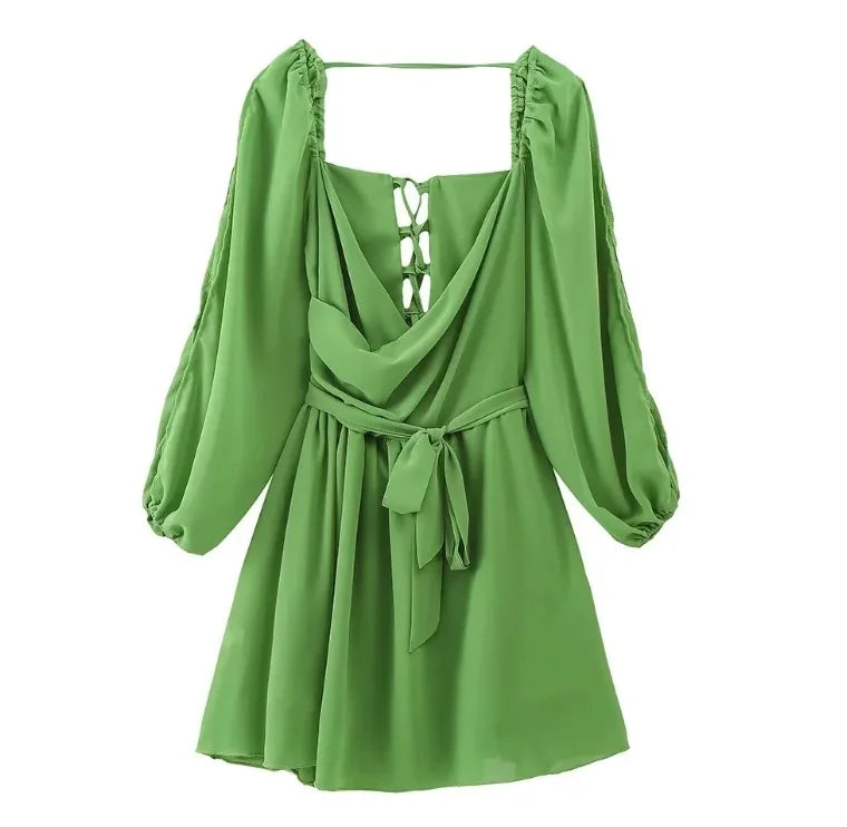 Hollow Out Lantern Sleeve Mini Dress Sexy Solid V Neck Christmas Party Dress