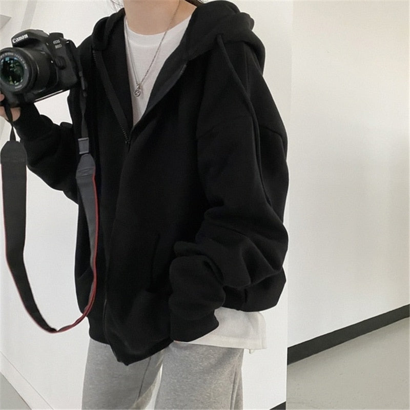 Korean Version Zip Up Loose Oversized Hoodie Sweatshirts & Hoodies-L