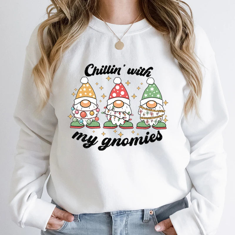 Hoodless Light Chillin' Gnomies Round Neck Pullover Christmas Hoodie