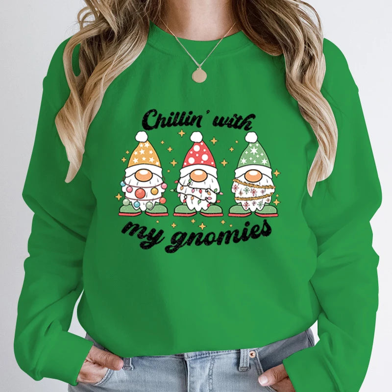 Hoodless Light Chillin' Gnomies Round Neck Pullover Christmas Hoodie