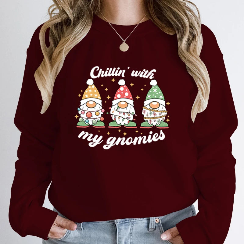 Hoodless Light Chillin' Gnomies Round Neck Pullover Christmas Hoodie