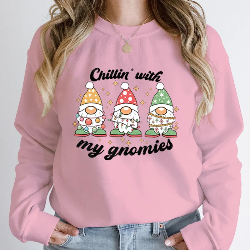 Hoodless Light Chillin' Gnomies Round Neck Pullover Christmas Hoodie