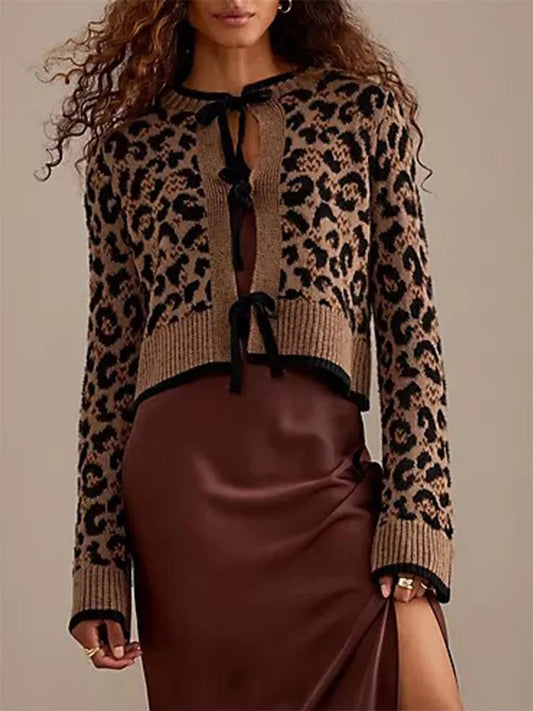 Leopard Print Ribbed Tie Front Knit Cardigan