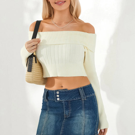 Solid Color  Boat Neck  Crop Sweater