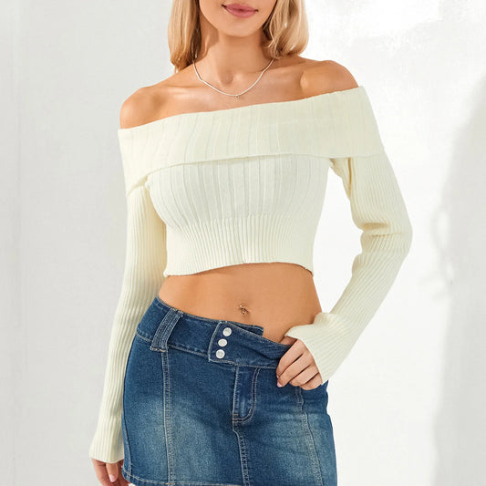 Solid Color  Boat Neck  Crop Sweater