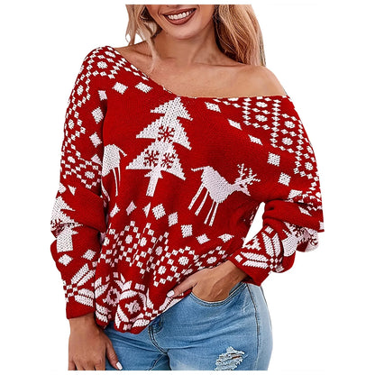 Sexy Oversized Low Back Deep V-Neck Hot Red Pullover Christmas Sweater