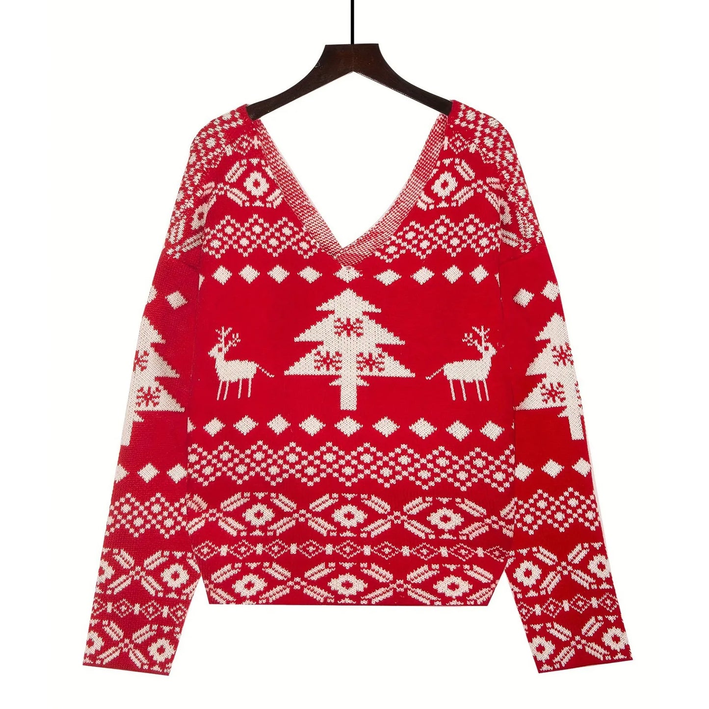 Sexy Oversized Low Back Deep V-Neck Hot Red Pullover Christmas Sweater