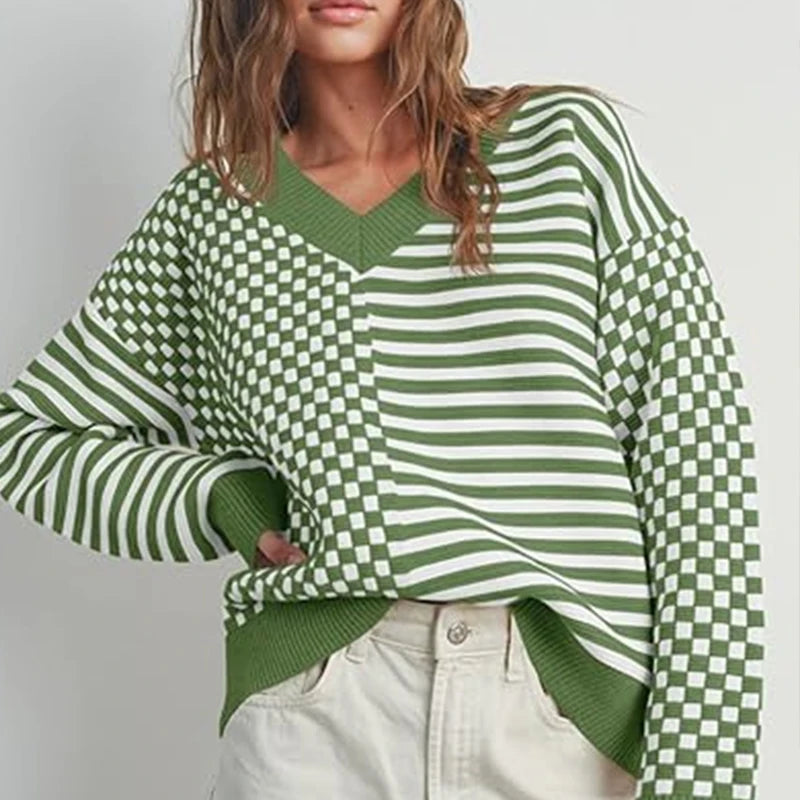 Loose Striped Plaid Casual Long Sleeve Cute Retro Chic Green Christmas Sweater