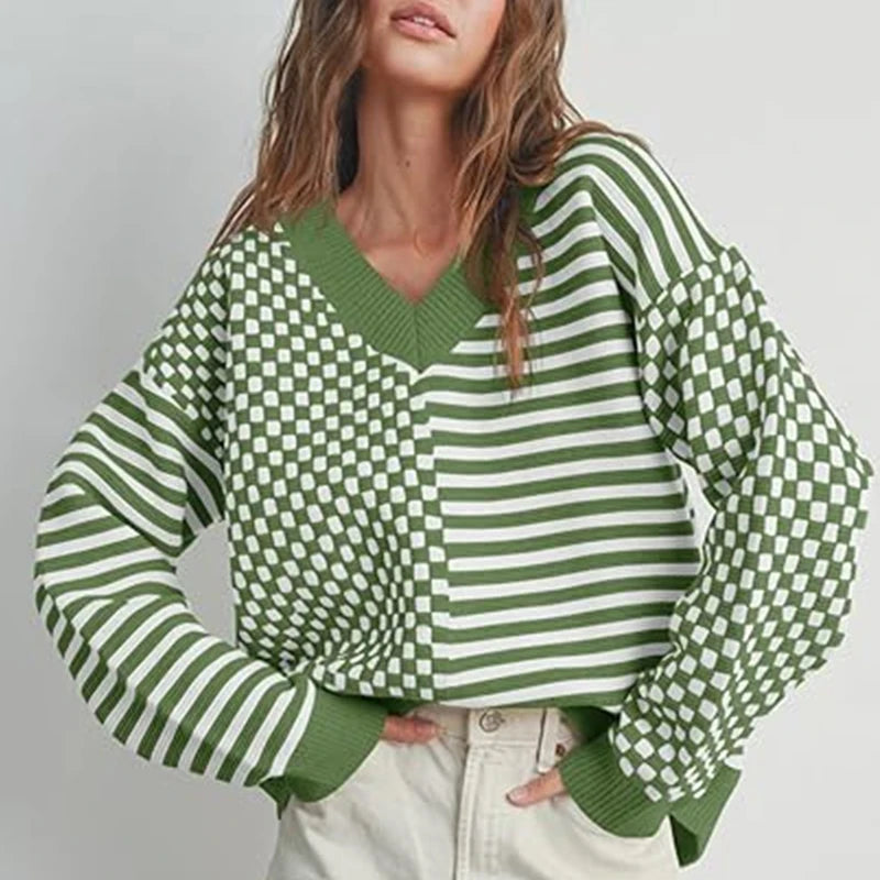 Loose Striped Plaid Casual Long Sleeve Cute Retro Chic Green Christmas Sweater