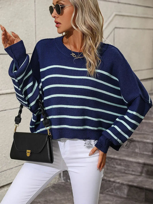 Loose Striped  Crochet  Sweet Sweater