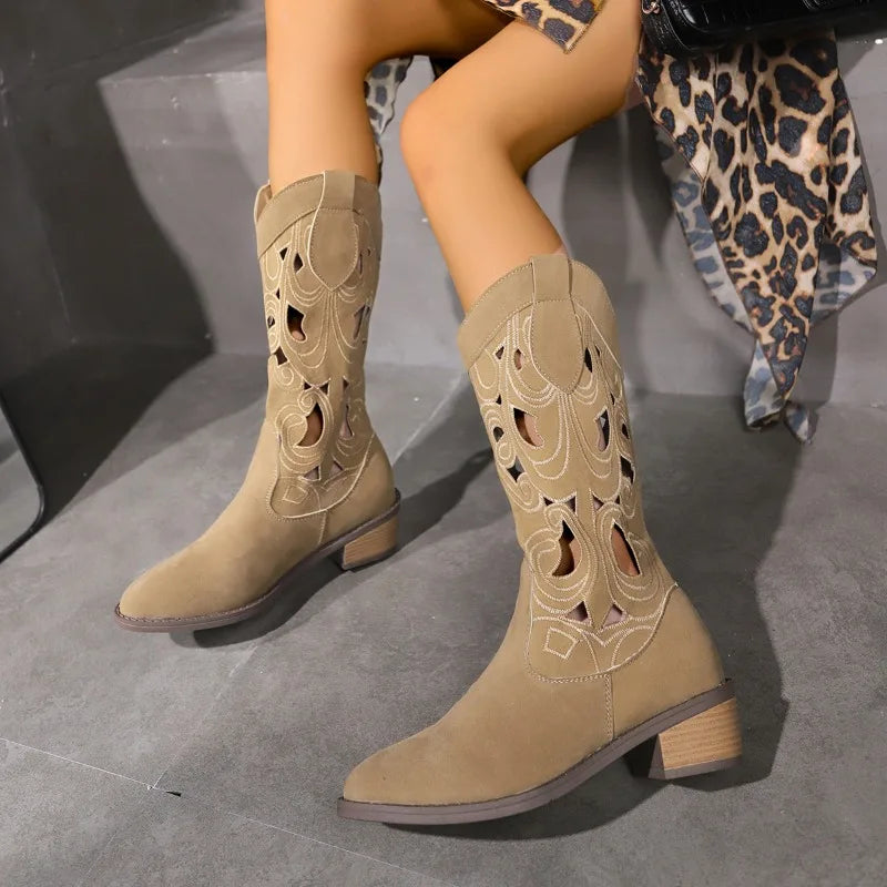 Embroidered Western Cowboy Boots with Heels for Women - Autumn/Winter Leather Fashion Boots