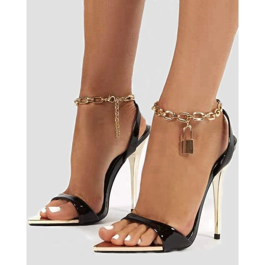 Party Ankle Chain Lock Decor Slingback High Heel Sandals Going Out Pointed Toe Thin Heeled High Heel