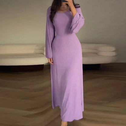 Patchwork Bandaged Round-necked Slim-fitted Long-sleeved Street-ready Ankle-length Maxi Dress