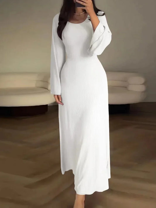 Patchwork Bandaged Round-necked Slim-fitted Long-sleeved Street-ready Ankle-length Maxi Dress