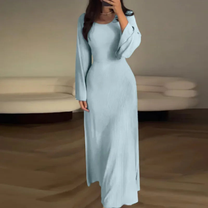 Patchwork Bandaged Round-necked Slim-fitted Long-sleeved Street-ready Ankle-length Maxi Dress