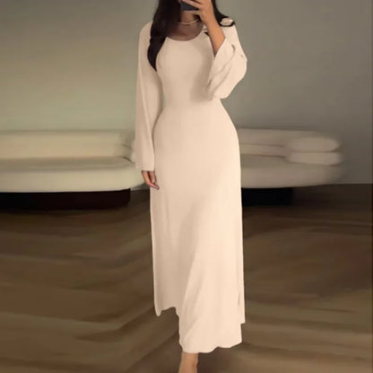 Patchwork Bandaged Round-necked Slim-fitted Long-sleeved Street-ready Ankle-length Maxi Dress