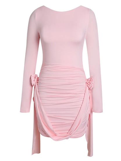 Women Pink 3D Floral Draped Mini Bodycon Dress Long Sleeves Christmas Party Dress