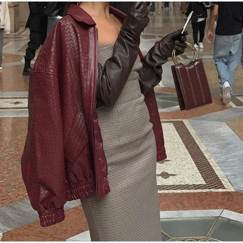 Wine Red PU Leather Zipper Coat