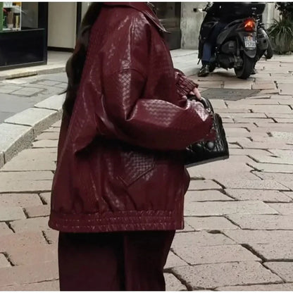 Wine Red PU Leather Zipper Coat