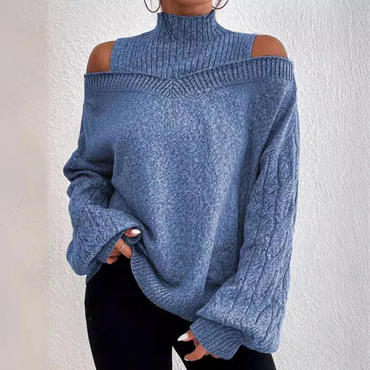 Off Shoulder Semi High Neck Knit Sweater