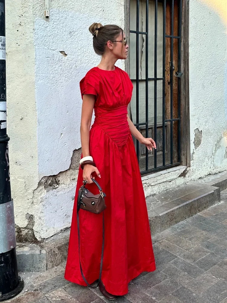 Elegant Red IrRegular Pleated Wrap Waisted Chic Slim Maxi Christmas Party Dress