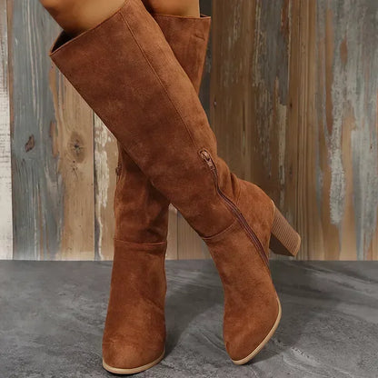 Retro High Heels Western Cowboy Chunky Boots with Plush Lining - Winter Warm Knee High Suede Boots