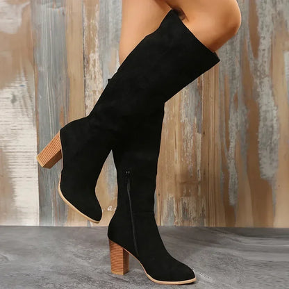 Retro High Heels Western Cowboy Chunky Boots with Plush Lining - Winter Warm Knee High Suede Boots