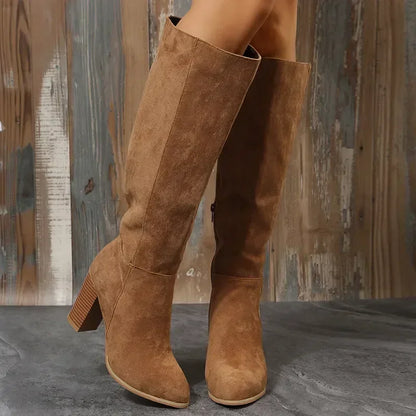 Retro High Heels Western Cowboy Chunky Boots with Plush Lining - Winter Warm Knee High Suede Boots